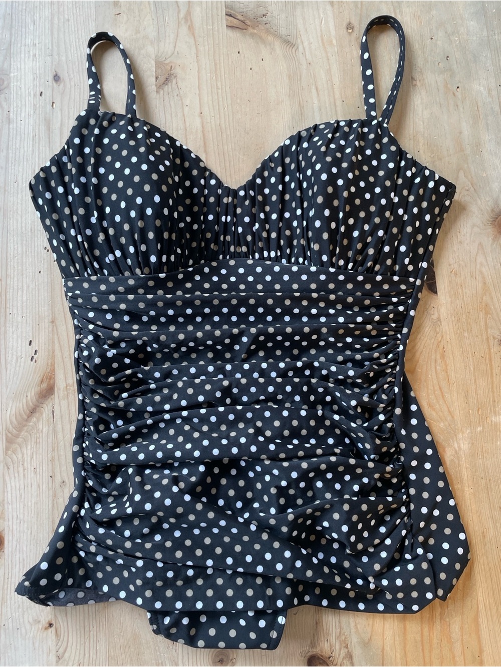 Miraclesuit Ruched Slimming Black/Tan/White Trendy Polka Dots One Piece Swimsuit